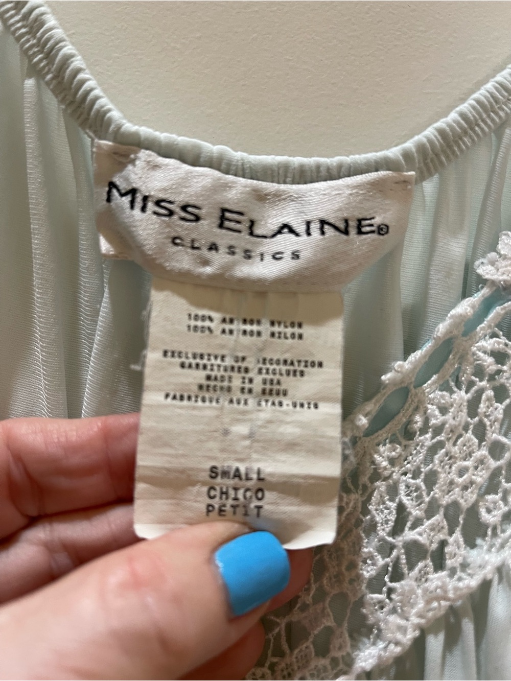 Miss Elaine Nylon Pale Blue Crochet-Trim Nightgown 60s-70s Made in USA Small - Picture 5 of 6